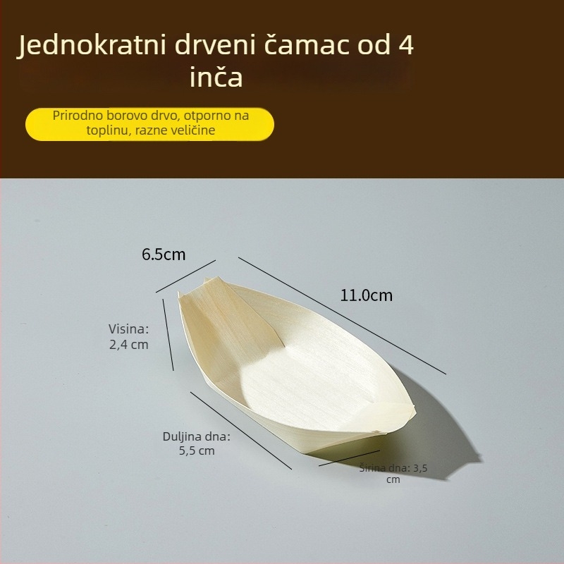 Jednokratna drvena kutija za pakiranje grickalica u obliku broda – materijal: drvo; oblik: brod; rok trajanja: 2 godine; porijeklo: Shandong; razgradivo: da.