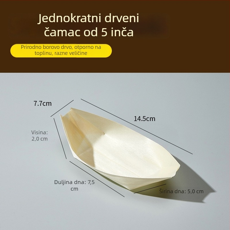 Jednokratna drvena kutija za pakiranje grickalica u obliku broda – materijal: drvo; oblik: brod; rok trajanja: 2 godine; porijeklo: Shandong; razgradivo: da.