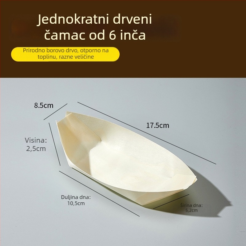 Jednokratna drvena kutija za pakiranje grickalica u obliku broda – materijal: drvo; oblik: brod; rok trajanja: 2 godine; porijeklo: Shandong; razgradivo: da.