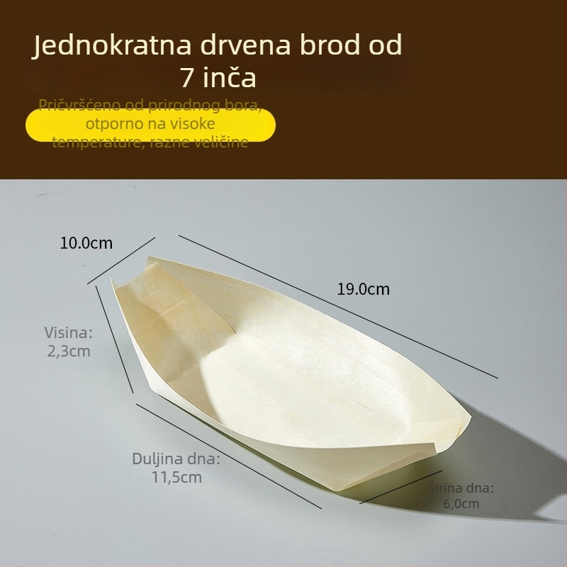 Jednokratna drvena kutija za pakiranje grickalica u obliku broda – materijal: drvo; oblik: brod; rok trajanja: 2 godine; porijeklo: Shandong; razgradivo: da.