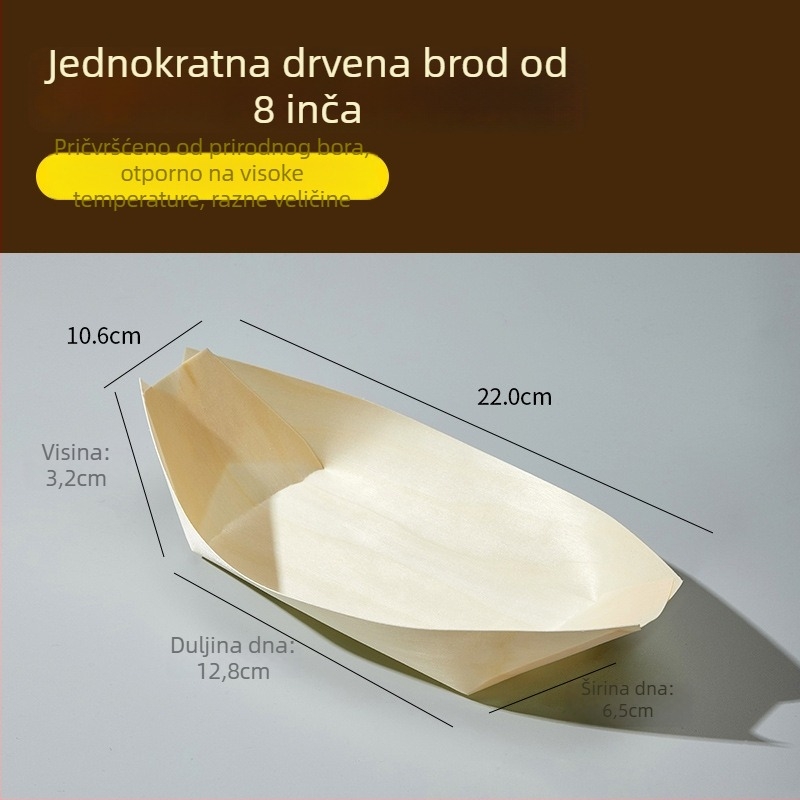 Jednokratna drvena kutija za pakiranje grickalica u obliku broda – materijal: drvo; oblik: brod; rok trajanja: 2 godine; porijeklo: Shandong; razgradivo: da.