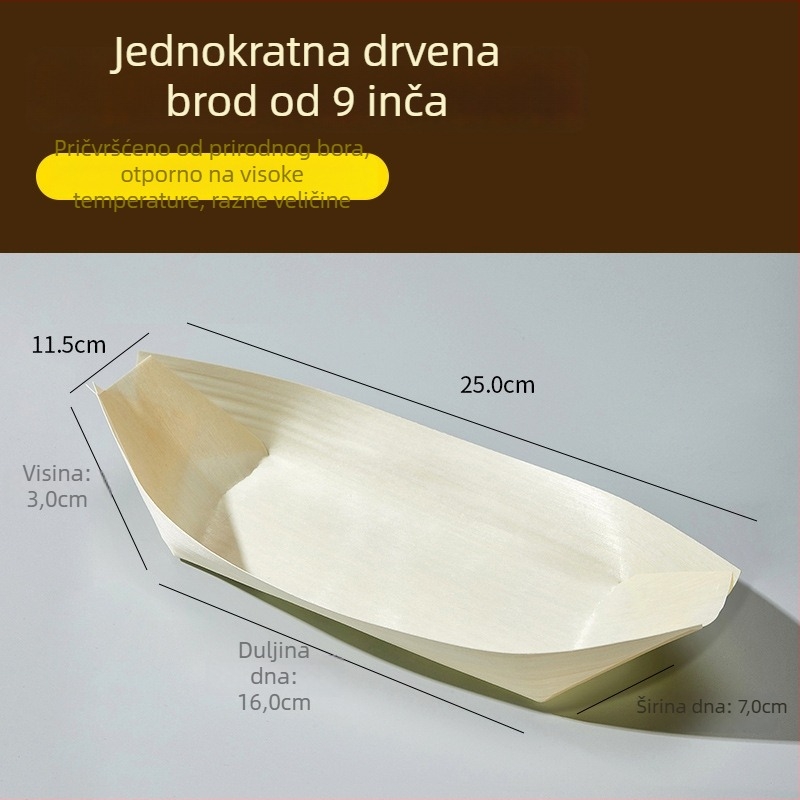 Jednokratna drvena kutija za pakiranje grickalica u obliku broda – materijal: drvo; oblik: brod; rok trajanja: 2 godine; porijeklo: Shandong; razgradivo: da.
