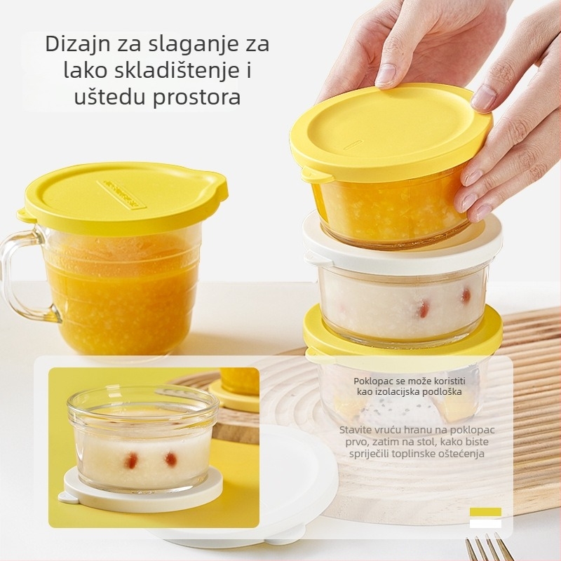 Staklena zdjela za obrok s poklopcem i držkom, mikrovalna kompatibilna, otporna na visoke temperature, kapacitet 301-500 ml