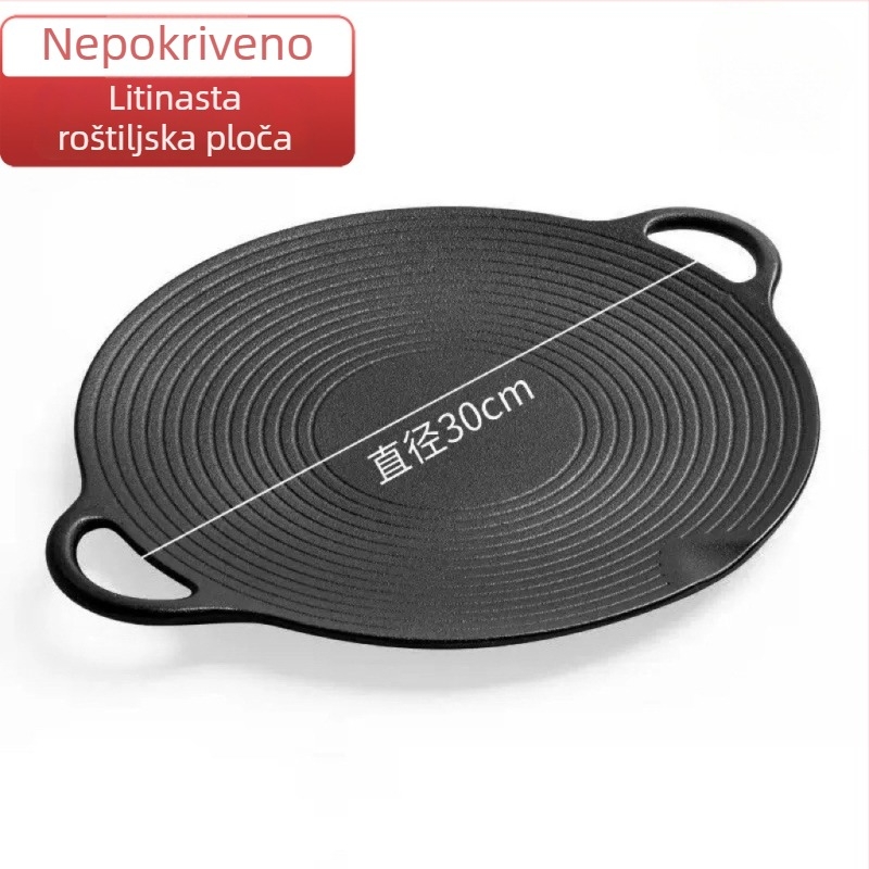 Litinijska grill tava za vanjsko korejsko barbecue, okrugla, bez premazivanja, kompatibilna s indukcijom i plinskim štednjakom