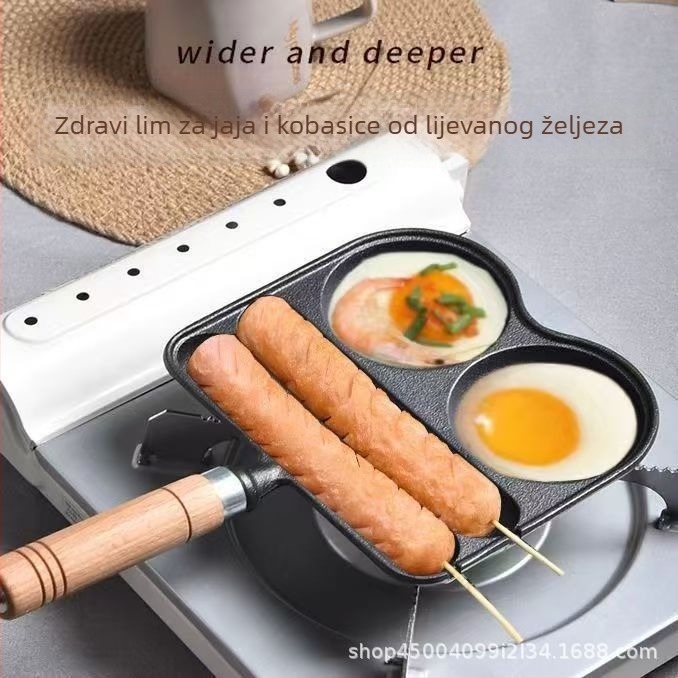 Lijevano željezni pan za omletu i kobasicu – kvadratni, debeli, bez premaza, neprijanjajući, bez dima