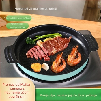 Korejskog stila krušna nepremazana grill tava za indukciju, željezno tijelo, Maifan kamen površina, dvostruka drška, 885 g