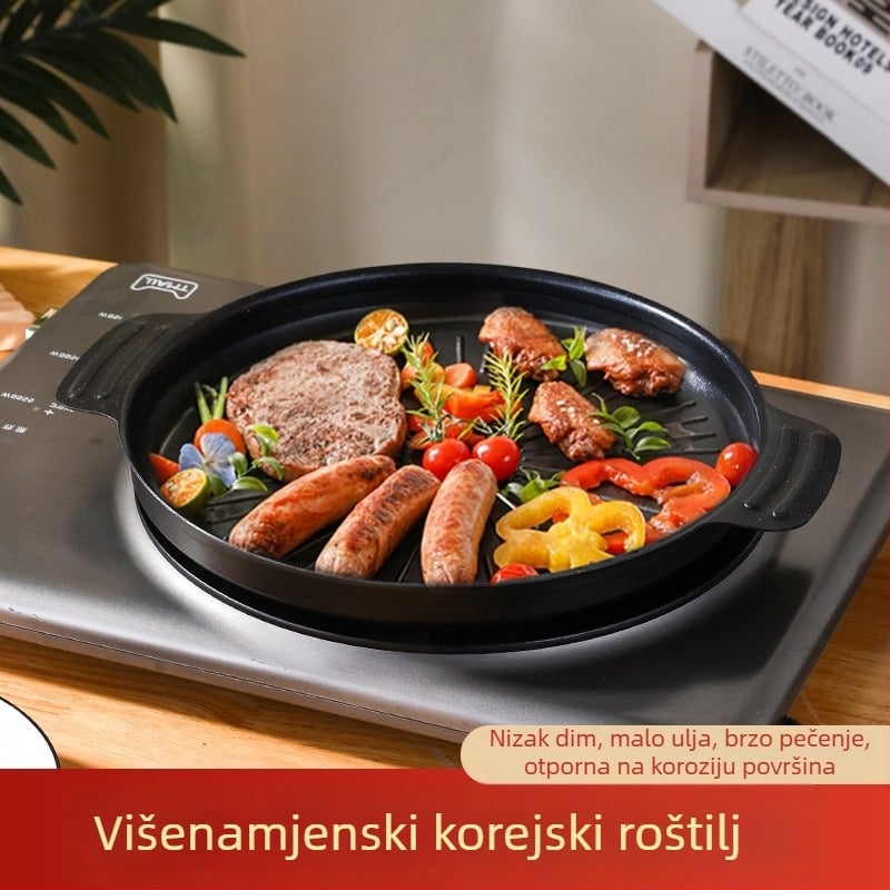 Korejskog stila krušna nepremazana grill tava za indukciju, željezno tijelo, Maifan kamen površina, dvostruka drška, 885 g