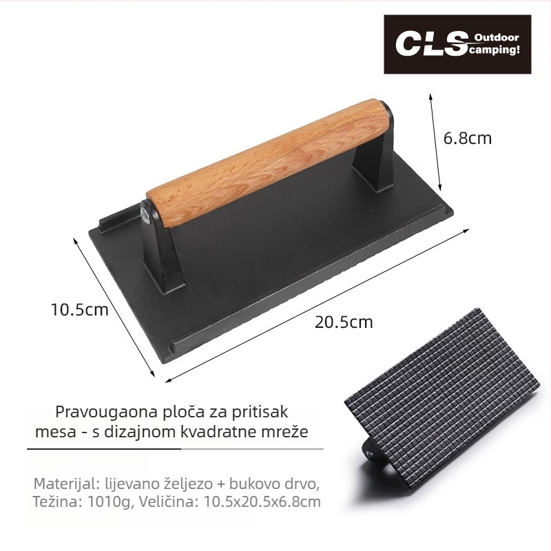 Ploča za pritiskanje mesa od lijevanog željeza – prenosni roštilj alat za 1–2 osobe, težina 1010 g