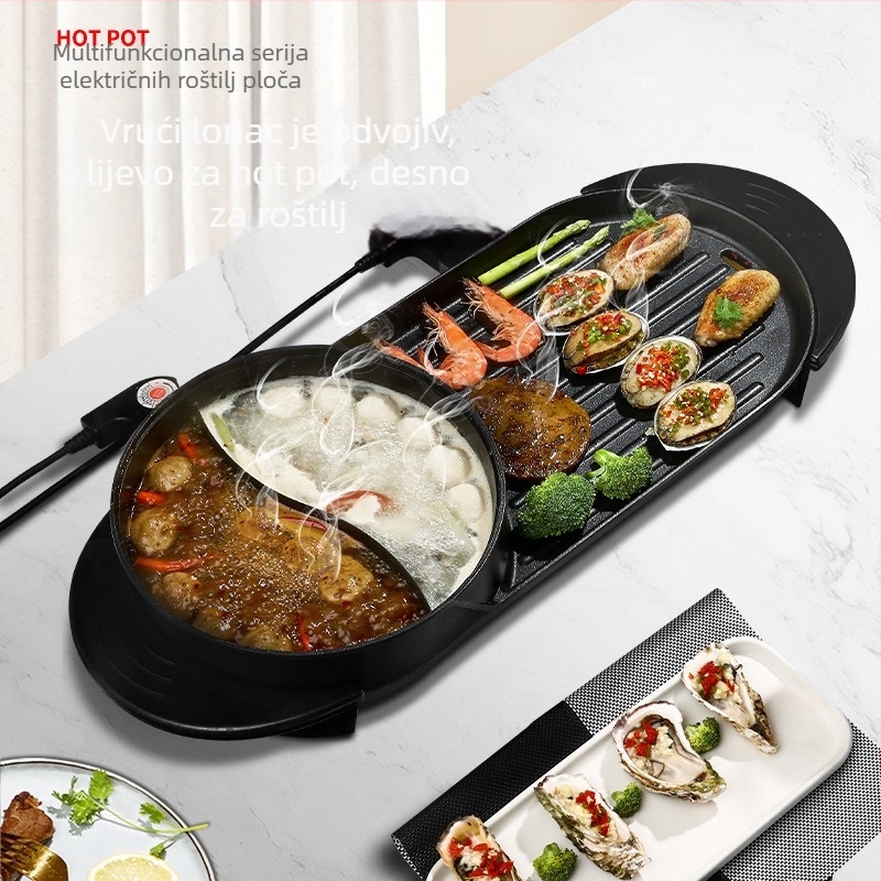 Električni grill i lonac za vruću juhu - kombinacija, 2200W, 4L, tijelo od aluminijske legure, pogodno za 6+ osoba, funkcije: parenje, kuhanje, prženje, teppanyaki