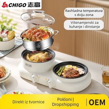 Sve-u-jednom električni lonac za shabu-shabu 1200 W; funkcije: parenje, prženje, kuhanje, teppanyaki; uključuje shabu-shabu i grill; plastično kućište; upravljanje gumbom; 220V.