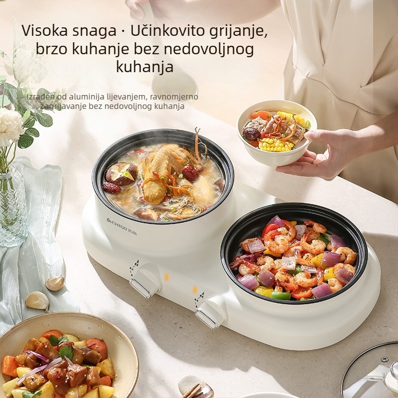 Sve-u-jednom električni lonac za shabu-shabu 1200 W; funkcije: parenje, prženje, kuhanje, teppanyaki; uključuje shabu-shabu i grill; plastično kućište; upravljanje gumbom; 220V.