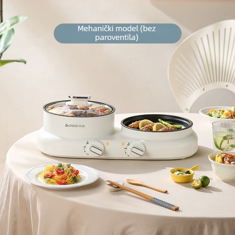 Sve-u-jednom električni lonac za shabu-shabu 1200 W; funkcije: parenje, prženje, kuhanje, teppanyaki; uključuje shabu-shabu i grill; plastično kućište; upravljanje gumbom; 220V.