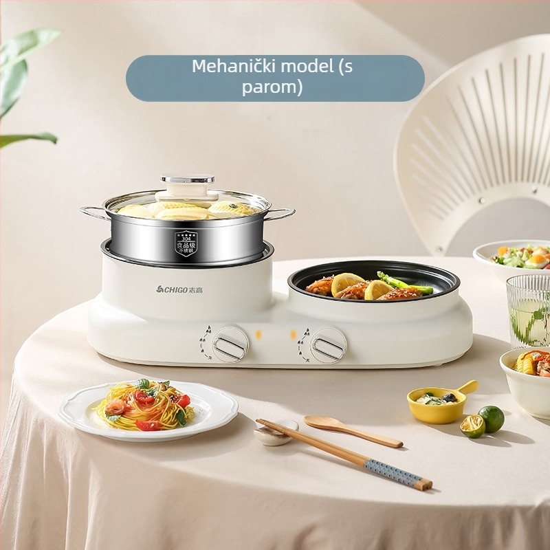 Sve-u-jednom električni lonac za shabu-shabu 1200 W; funkcije: parenje, prženje, kuhanje, teppanyaki; uključuje shabu-shabu i grill; plastično kućište; upravljanje gumbom; 220V.