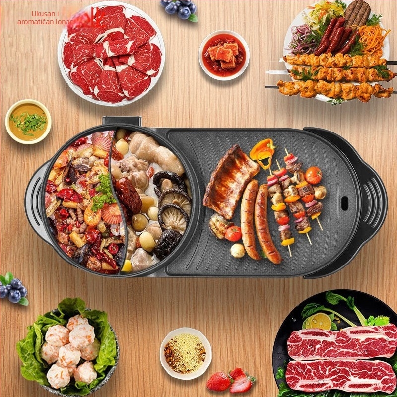 Električni roštilj i lonac za hot pot, 3-4 L, 1200-1500 W, Kontrola temperature, Prženje/Kuhanje/Dinstanje/Hot Pot, Dubina unutarnjeg spremnika 7 cm, Za 3-4 osobe