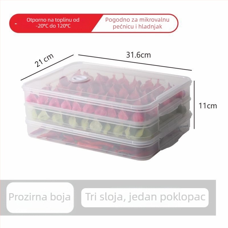 Kutija za pohranu knedli s tri razine, čvrst poklopac, za hladnjak