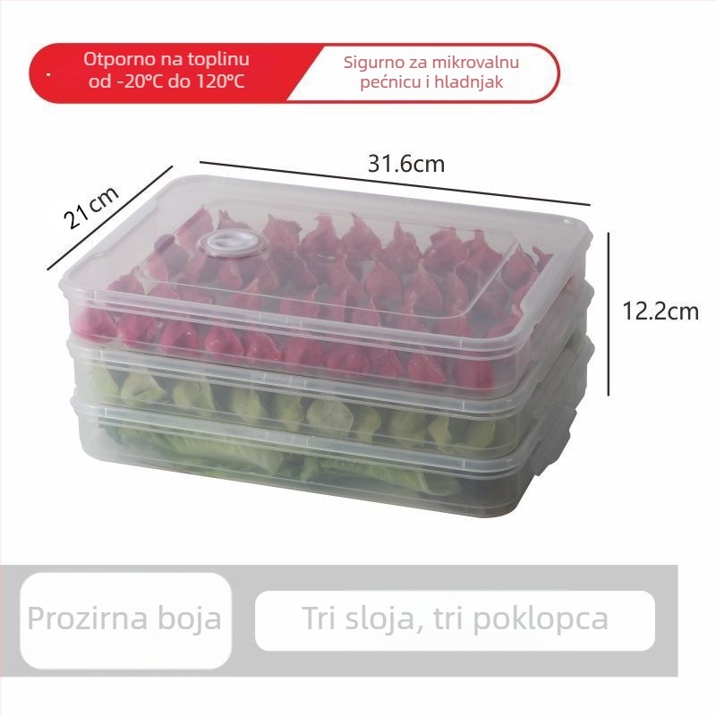 Kutija za pohranu knedli s tri razine, čvrst poklopac, za hladnjak