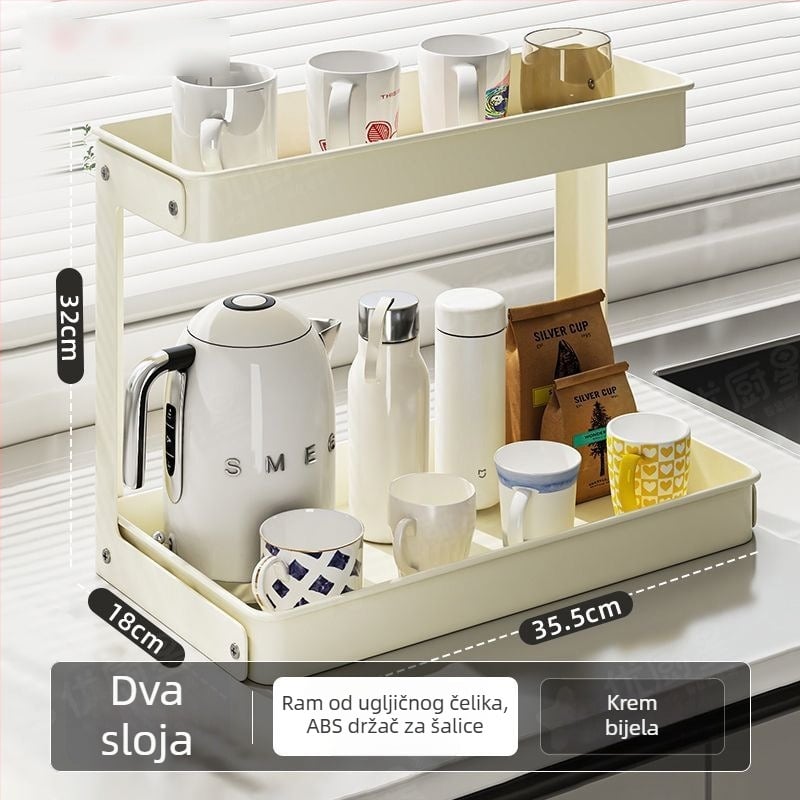 Dvoslojni stalak za šalice – kuhinja i stol, Nordic stil, karbonsko čelični okvir, dreniranje, kuka za ugradnju