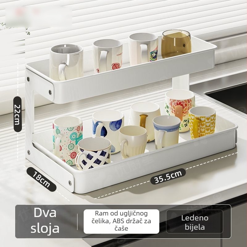 Dvoslojni stalak za šalice – kuhinja i stol, Nordic stil, karbonsko čelični okvir, dreniranje, kuka za ugradnju