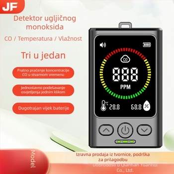 Prijenosni detektor ugljičnog monoksida, temperatura i vlaga, model GC3000 – 3-u-1 detektor, raspon 400–5000 ppm, točnost ±5%, USB napajanje