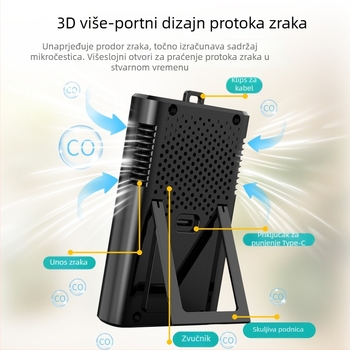 Prijenosni detektor ugljičnog monoksida, temperatura i vlaga, model GC3000 – 3-u-1 detektor, raspon 400–5000 ppm, točnost ±5%, USB napajanje
