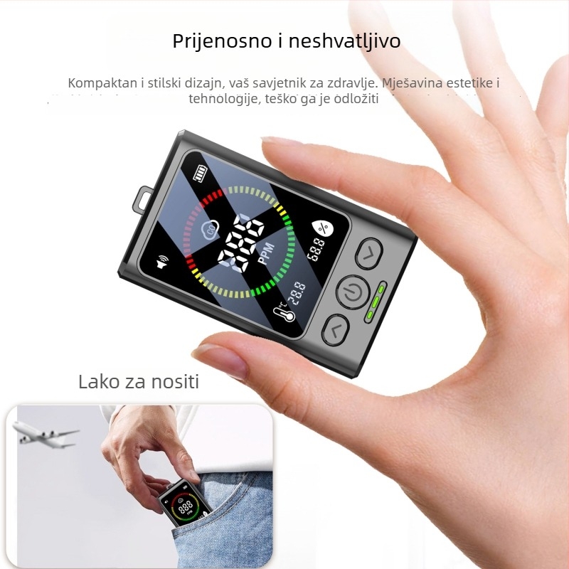 Prijenosni detektor ugljičnog monoksida, temperatura i vlaga, model GC3000 – 3-u-1 detektor, raspon 400–5000 ppm, točnost ±5%, USB napajanje