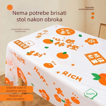 Jednokratni plastični stolnjak pravokutnog oblika, s karikaturalnim uzorkom i ispisanim logom, debljina 0,03 mm