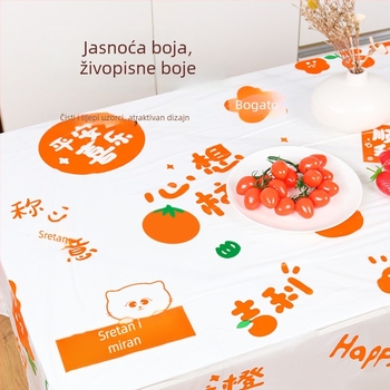 Jednokratni plastični stolnjak pravokutnog oblika, s karikaturalnim uzorkom i ispisanim logom, debljina 0,03 mm