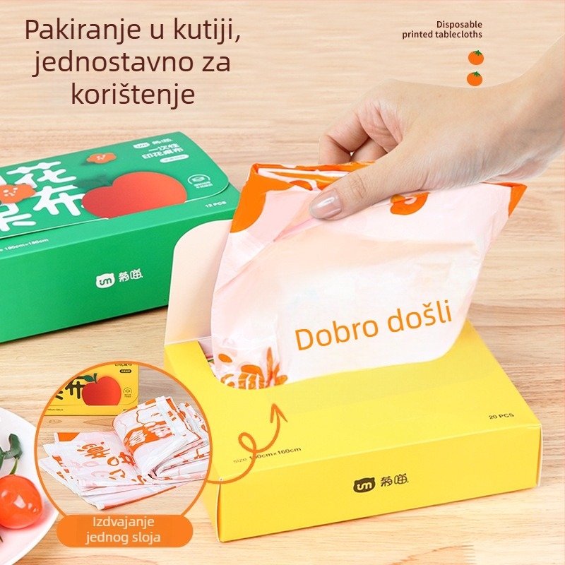 Jednokratni plastični stolnjak pravokutnog oblika, s karikaturalnim uzorkom i ispisanim logom, debljina 0,03 mm