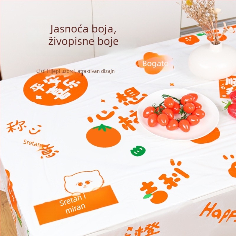 Jednokratni plastični stolnjak pravokutnog oblika, s karikaturalnim uzorkom i ispisanim logom, debljina 0,03 mm