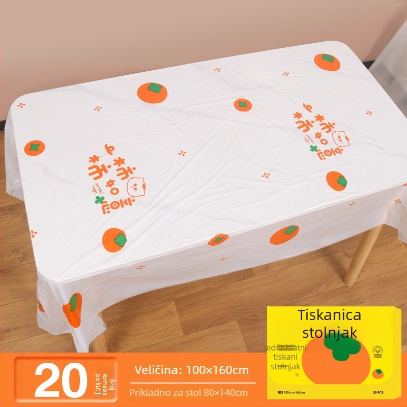 Jednokratni plastični stolnjak pravokutnog oblika, s karikaturalnim uzorkom i ispisanim logom, debljina 0,03 mm