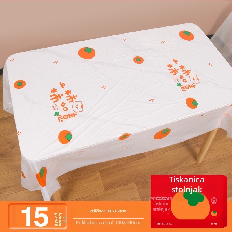 Jednokratni plastični stolnjak pravokutnog oblika, s karikaturalnim uzorkom i ispisanim logom, debljina 0,03 mm