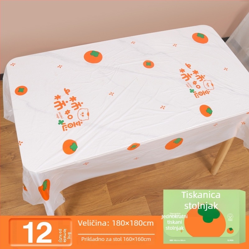 Jednokratni plastični stolnjak pravokutnog oblika, s karikaturalnim uzorkom i ispisanim logom, debljina 0,03 mm