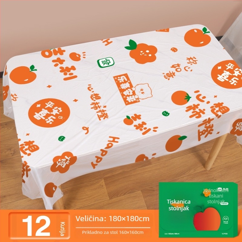 Jednokratni plastični stolnjak pravokutnog oblika, s karikaturalnim uzorkom i ispisanim logom, debljina 0,03 mm