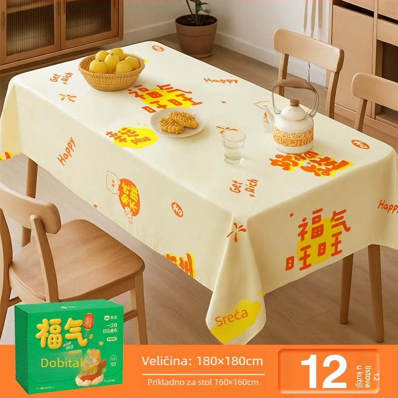 Jednokratni plastični stolnjak pravokutnog oblika, s karikaturalnim uzorkom i ispisanim logom, debljina 0,03 mm