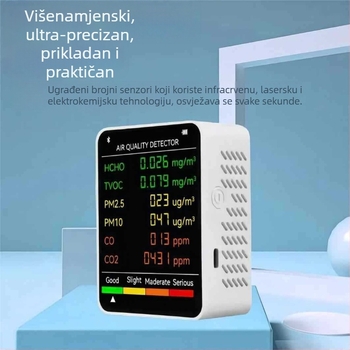 Unutarnji prijenosni 6-u-1 mjerač kvalitete zraka: CO2 400–5000 PPM; HCHO 0–9.999 mg/m³; TVOC; PM2.5; PM10; 1200 mAh USB-C napajanje; točnost 1 PPM, 0.001 mg/m³, 1 µg/m³.