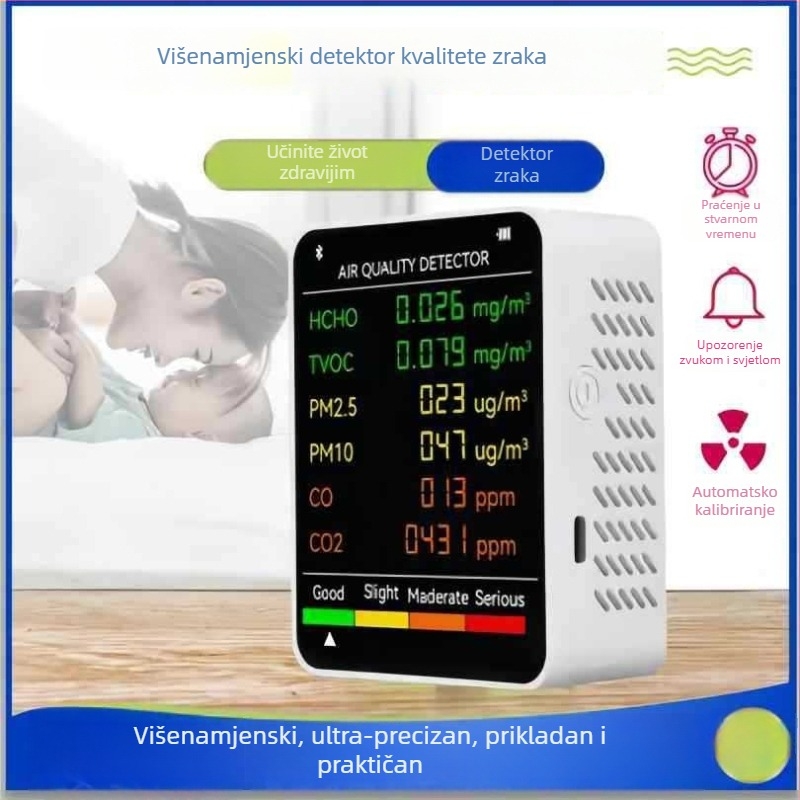 Unutarnji prijenosni 6-u-1 mjerač kvalitete zraka: CO2 400–5000 PPM; HCHO 0–9.999 mg/m³; TVOC; PM2.5; PM10; 1200 mAh USB-C napajanje; točnost 1 PPM, 0.001 mg/m³, 1 µg/m³.