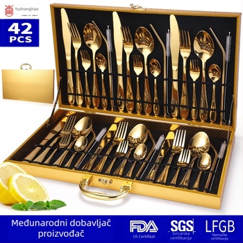 Set pribora od nehrđajućeg čelika 410, ogledno poliran, uključuje nož, vilicu, žlicu, vilicu za čaj, žlicu za čaj, slamku i 6 četkica za čišćenje, moderan stil objedovanja.