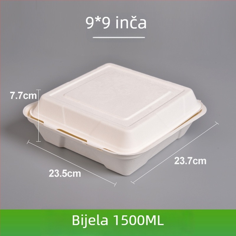 Jednokratna kutija za ručak, četvrtaste, od celuloze šećerne trstike, zapremina 8000 ml, debljina 0,06 mm, biološki razgradiva