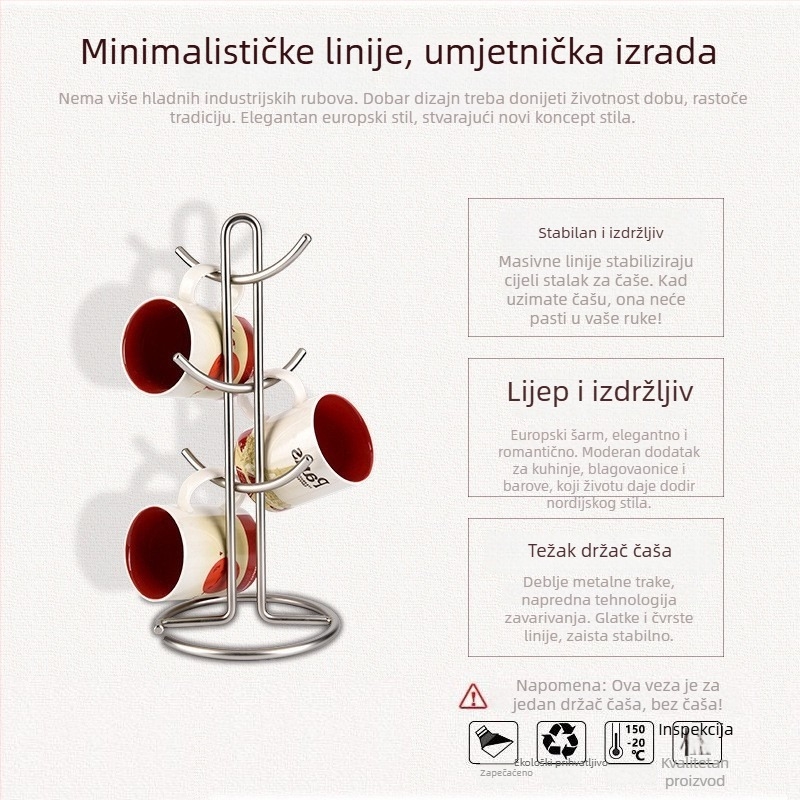 Držač za šalice — konstrukcija od željezne žice; šest kuka; montaža bez bušenja; za kuhinjski pult; težina 0,92 kg