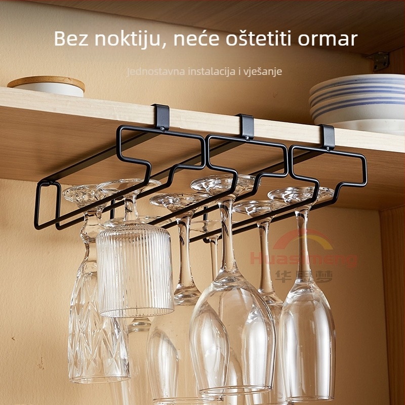 Zidni držač za čaše za vino, europskog stila, od karbonskog čelika, bez bušenja