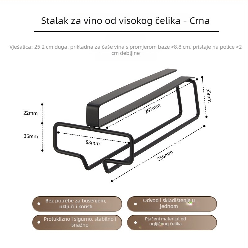Zidni držač za čaše za vino, europskog stila, od karbonskog čelika, bez bušenja