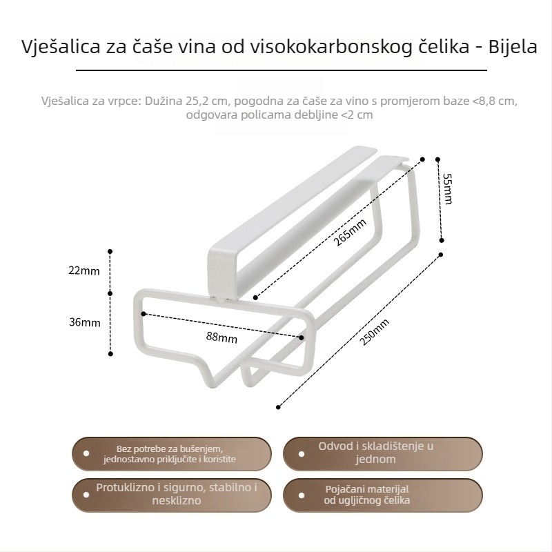 Zidni držač za čaše za vino, europskog stila, od karbonskog čelika, bez bušenja