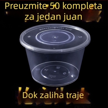 Jednokratna okrugla kutija za obrok s poklopcem, prozirni plastični materijal; nije pogodno za mikrovalnu pećnicu