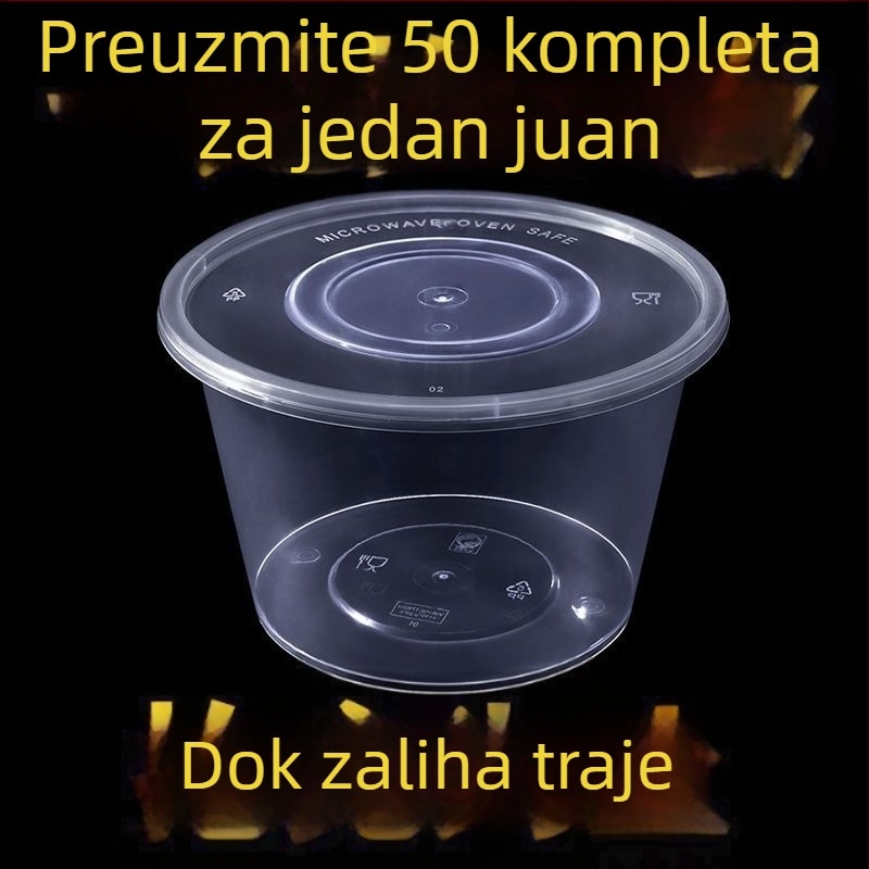 Jednokratna okrugla kutija za obrok s poklopcem, prozirni plastični materijal; nije pogodno za mikrovalnu pećnicu