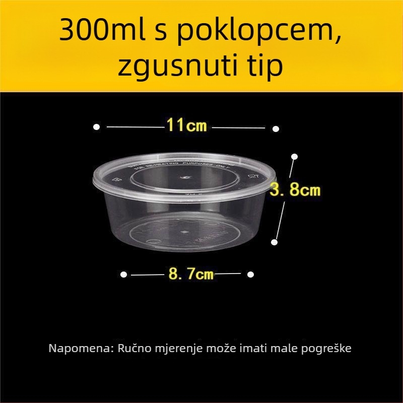 Jednokratna okrugla kutija za obrok s poklopcem, prozirni plastični materijal; nije pogodno za mikrovalnu pećnicu