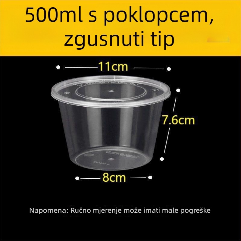 Jednokratna okrugla kutija za obrok s poklopcem, prozirni plastični materijal; nije pogodno za mikrovalnu pećnicu