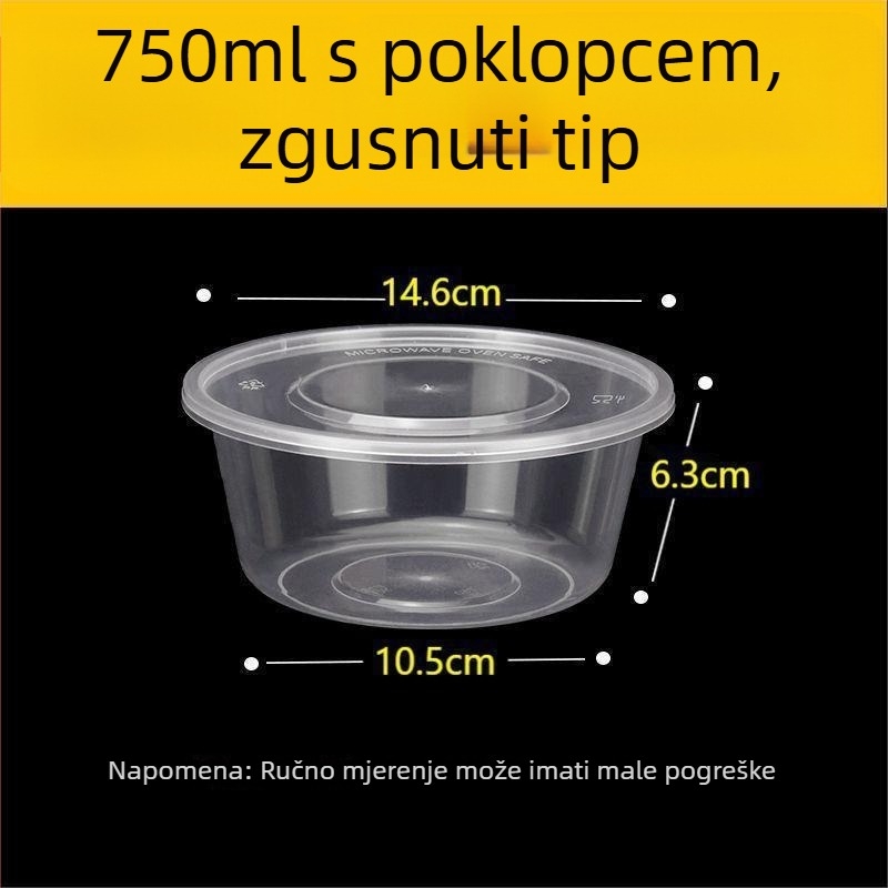 Jednokratna okrugla kutija za obrok s poklopcem, prozirni plastični materijal; nije pogodno za mikrovalnu pećnicu