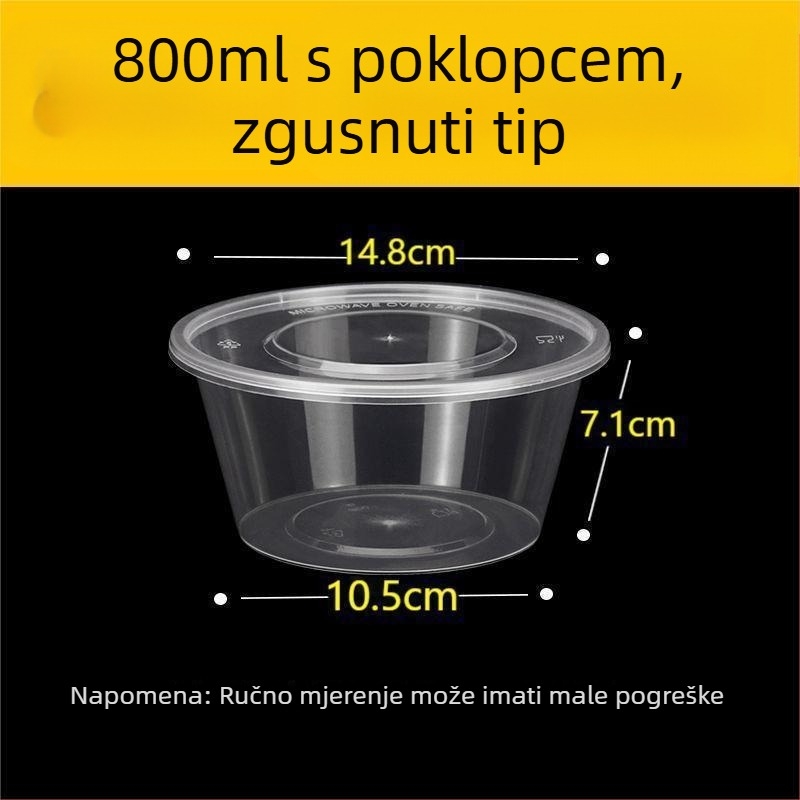 Jednokratna okrugla kutija za obrok s poklopcem, prozirni plastični materijal; nije pogodno za mikrovalnu pećnicu