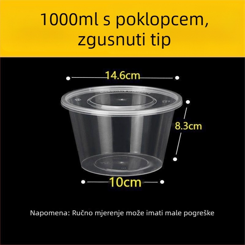 Jednokratna okrugla kutija za obrok s poklopcem, prozirni plastični materijal; nije pogodno za mikrovalnu pećnicu