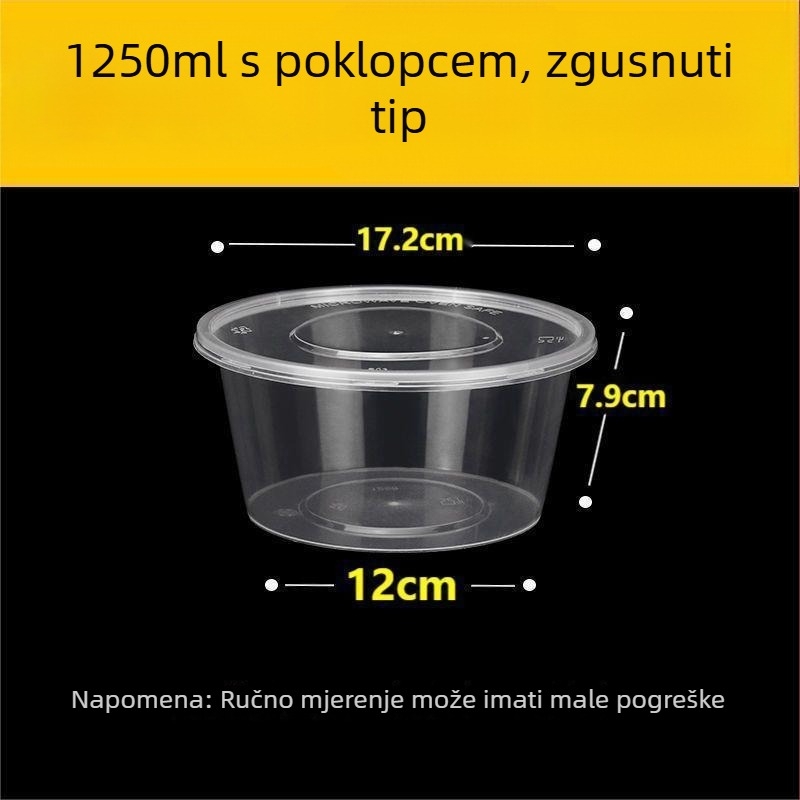 Jednokratna okrugla kutija za obrok s poklopcem, prozirni plastični materijal; nije pogodno za mikrovalnu pećnicu